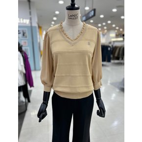 시스루 5부 소매 큐빅 브이넥 니트 티셔츠 MN09KN018FJY