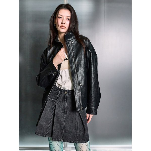 Faux Leather Higneck ZipUp Jumper  Black (KE613ZM045)