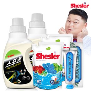 강호동의 쉬슬러 액상 세제 스포츠의류전용 650ml 2개+세제리필 500ml 2개+치석케어 치약 100g 1개.