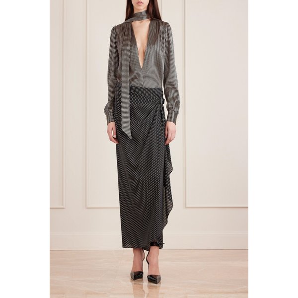 버클 디테일 랩 효과 드레이프 폴카 도트 실크 시폰 미디 스커트 46376663162950371