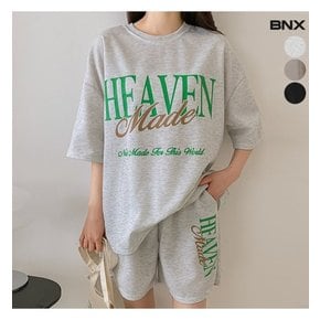 여성 헤븐 프린트 티셔츠 반바지 셋업