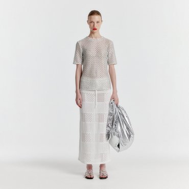 EENK YIZNY Panelled Lace Knit Long Skirt - White
