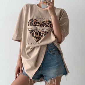 호피하트레터링 라운드박스트임 반팔롱티셔츠 여성데일리 빅사이즈 레터링 면캐주얼_P399009115