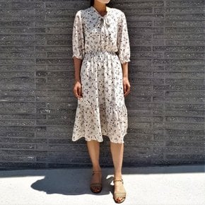 가을 쉬폰 잔꽃무늬 패턴 안감 리본 카라 타이 밴딩 벨트 7부 퍼프 소매 미디 66 77 88