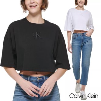 Calvin Klein 캘빈클라인 진스 크롭 반팔티 자수로고 화이트 블랙 여성 코튼 티셔츠