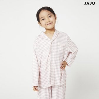 JAJU (키즈) 보드라운 피치스킨 체크 파자마 세트/라이트 핑크