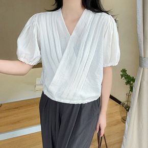 텍스처 랩 브이넥 퍼프 블라우스_P393204606