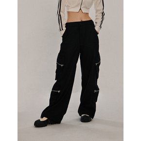 Cotton Banding Wide Double Zip Pocket Cargo Pants [Black]