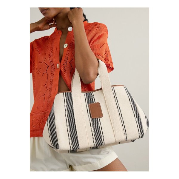 휘 드 베르누이 트라베르제 미디엄 가죽 웨빙 스트라이프 캔버스 토트 1647597342296463