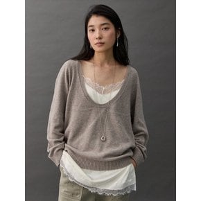 PLAIN DEEP U-NECK KNIT - BEIGE