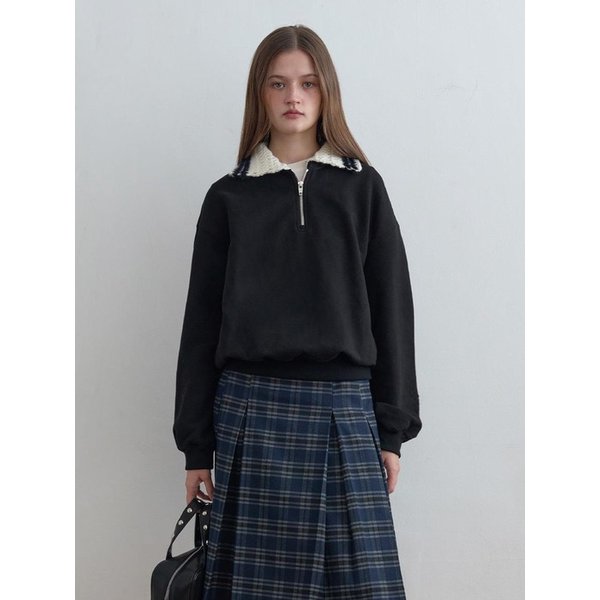 Crochet Collar Half Zip-Up Pullover Black