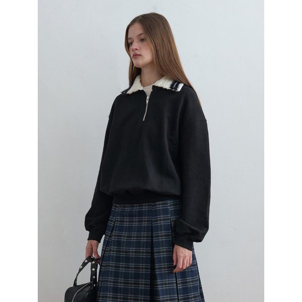 Crochet Collar Half Zip-Up Pullover Black