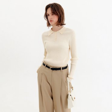 룩캐스트 제이 리브드 버튼 니트 탑_버터 / JAY RIBBED BUTTON KNIT TOP_BUTTER