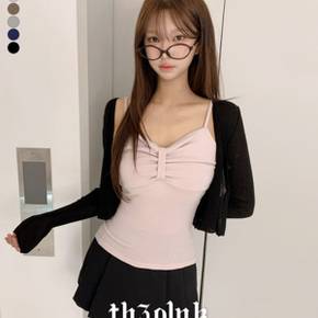 / 레에 슬림핏 리본 셔링 나시