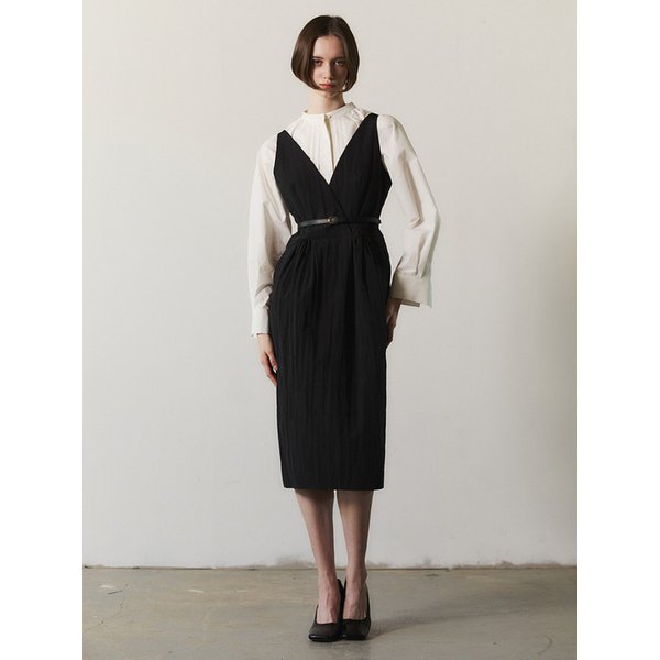 V-neck Gathering Dress_Nylon Black