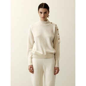 Button Embellished Knit Turtleneck Top Ivory