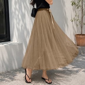플레어 쉬폰 레이스 2겹 망사 발레리나 샤스커트 롱 스커트 아델