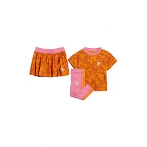 키즈 아디다스 키즈 썸머 프린트 티셔츠 스커트 치마  레깅스 세트 - 브라이트 Orange/ 핑크 Fus