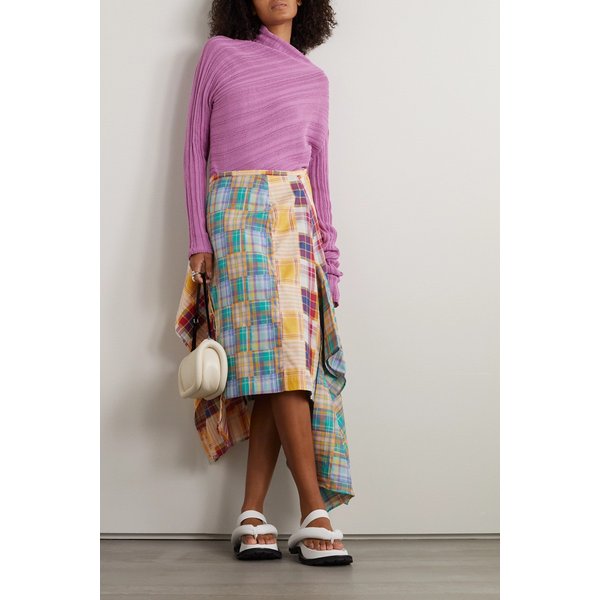 Asymmetric Embellished Checked Cotton Midi Skirt 블루 1647597276840588