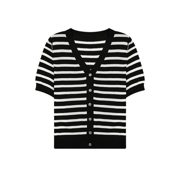 모던 V넥 스트라이프 반팔 가디건(VKCCF2956)