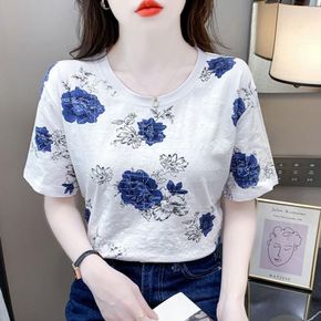 블루 장미 지도 입체 패턴 반팔 티셔츠 여성 U넥