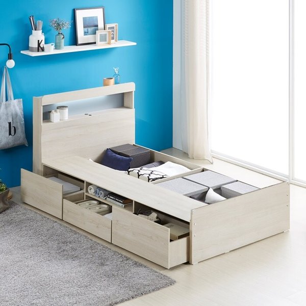 [숨결]루미 LED 서랍 침대 슬림S (본넬매트)