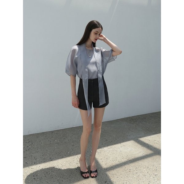 Half overfit sheer blouse - GRAY