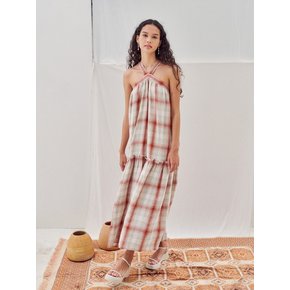 Linen Checked halter-neck maxi dress