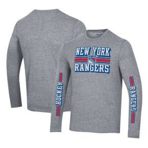 4275647 Champion Mens Heather Gray New York Rangers Tri-Blend Dual-Stripe Long Sleeve T-Sh