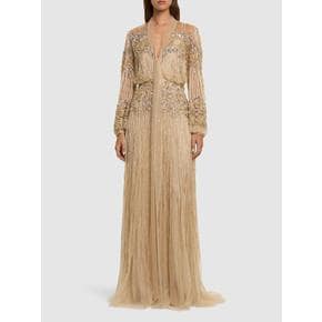 [해외배송] ZUHAIR MURAD 장식 튈 V 넥 롱 드레스 B0061391379