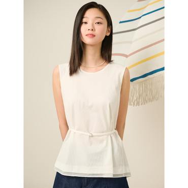 빈폴레이디스 슬리브리스 허리 밴딩 탑 - 화이트 (BF5465C521)