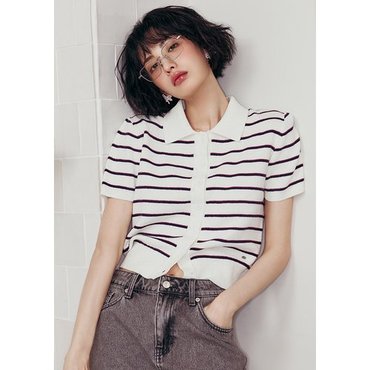 플랙진 여성 스트라이프 카라 반팔 가디건_2color (PWTI2CDL19W)