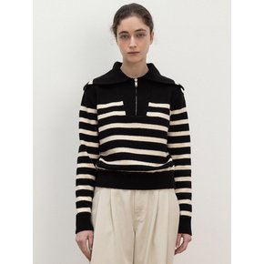 striped collar neck half zip-up pullover (black)