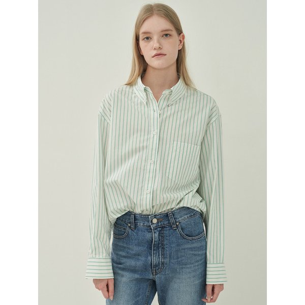 버튼 다운 스트라이프 셔츠-Green