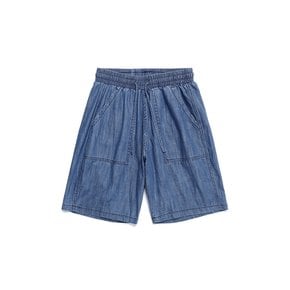 PATCH POCKET WIDE DENIM SHORTS [BLUE]