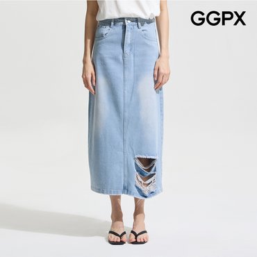GGPX 데미지 데님 롱 스커트 (GP5SK027F)