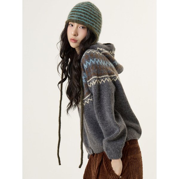 노르딕 후드 니트 가디건 그레이_Nordic Hood Knit Cardigan Gray