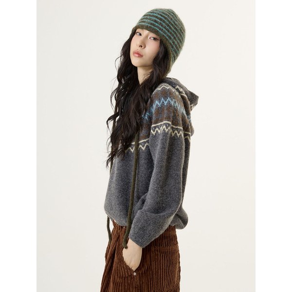 노르딕 후드 니트 가디건 그레이_Nordic Hood Knit Cardigan Gray