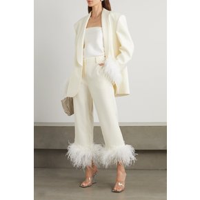 Feather-trimmed Wool-twill Straight-leg Pants 화이트