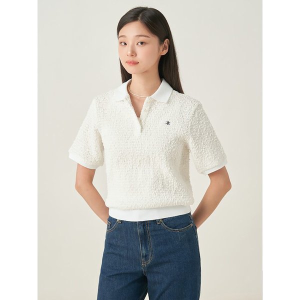주름 소재 반소매 폴로 티셔츠  화이트 (BF5742C991)