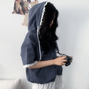 하츠 체크 모리걸 반팔 후드 남방 셔츠 블라우스2color