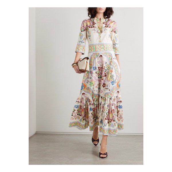 개더 플로럴 프린트 코튼 혼방 포플린 미디 드레스 오프 화이트 1647597357061065