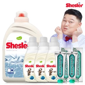 강호동의 쉬슬러 액상 세제 센스티브 3.05L 1개+울전용 650ml 3개+구취케어 치약100g 2개.