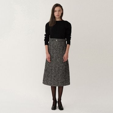 킨더살몬 PF23 Herringbone A-line Belt Skirt Black and White