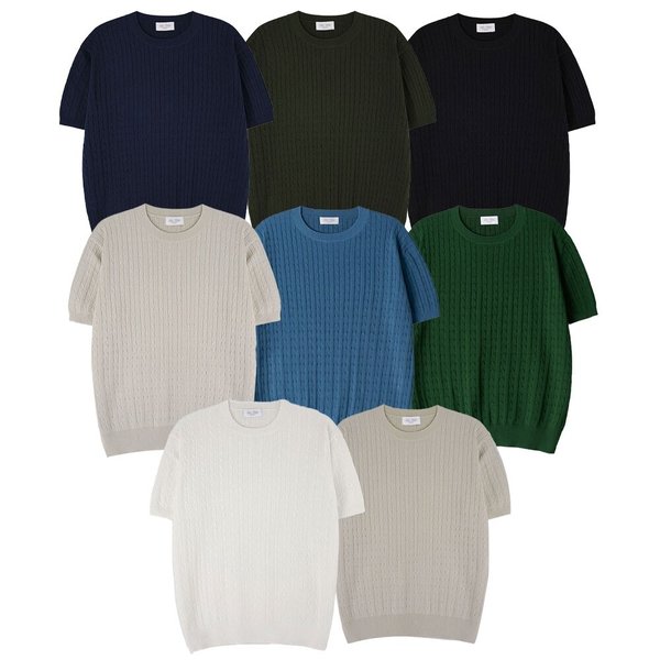 남자 쿨 린넨 케이블 라운드 반팔 니트티 AT-KNH-Q012-아이보리