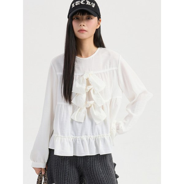 Ribbon Point Collarless Blouse (ivory) LFSAW25250IVX