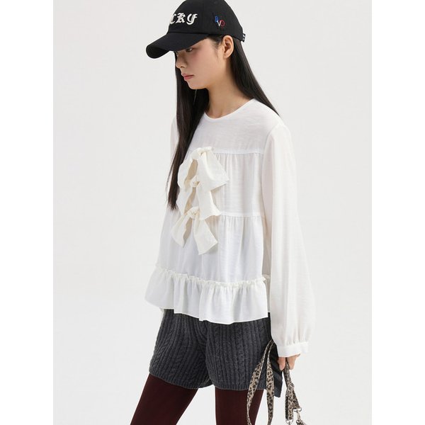 Ribbon Point Collarless Blouse (ivory) LFSAW25250IVX
