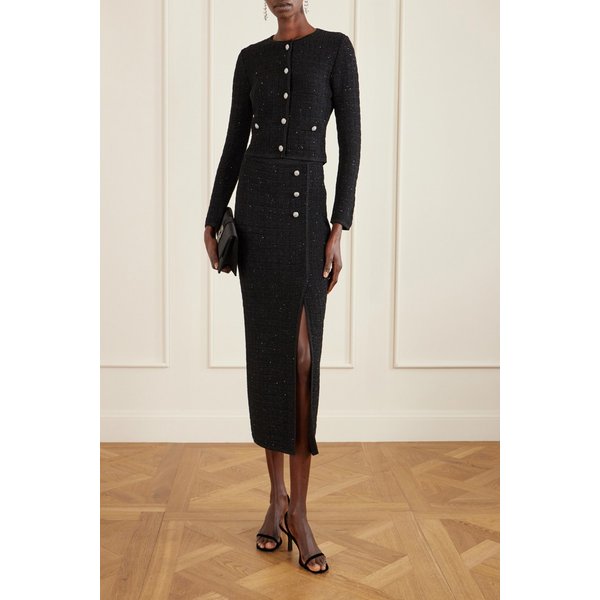 스팽글 크리스탈 버튼 장식 니트 미디 스커트 46376663162949180