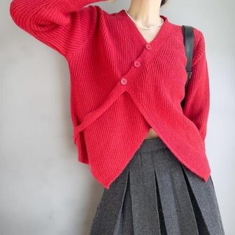 신세계라이브쇼핑 [옷자락] 여성 사선 버튼 골지 브이넥 랩 니트 트임 가을 가디건