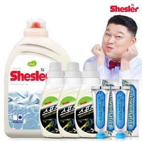 강호동의 쉬슬러 액상 세제 센스티브 3.05L 1개+스포츠의류전용 650ml 3개+치석케어 치약 100g 2개.